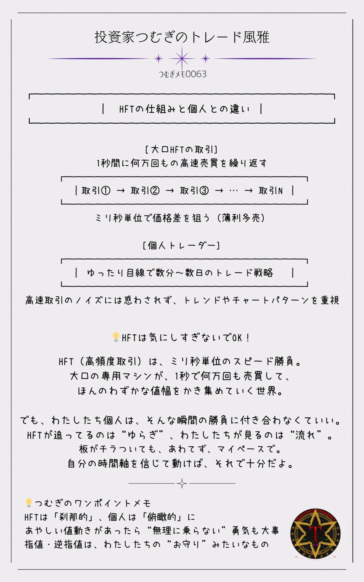 つむぎメモ0063―大口が用いる高速売買(HFT)と、個人投資家の取引スタイルの違いを比較し、それぞれの戦い方や注意すべきポイントを視覚的にまとめた図解